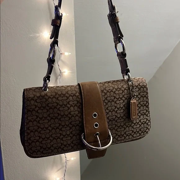 Coach Brown Leather Trim Shoulder Bag with Signature Monogram Soho Flap - Picture 2 of 8